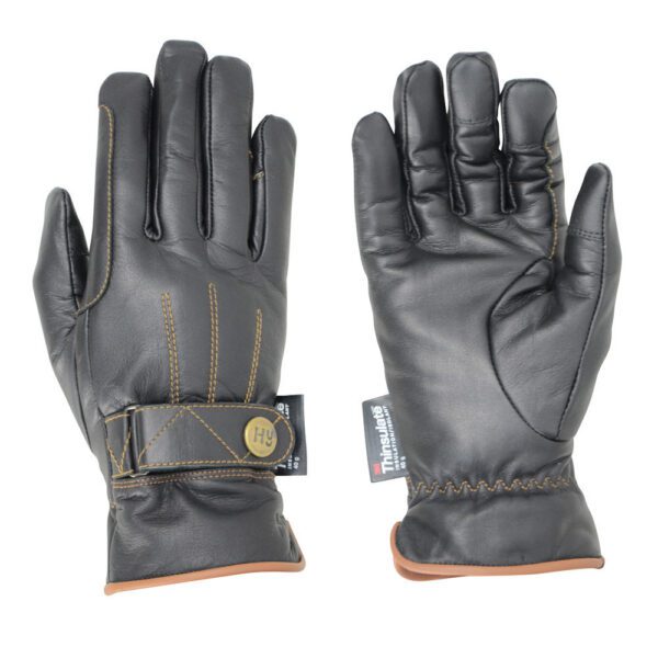 20176 Hy5 Thinsulate Leather Winter Riding Gloves Black Tan Stitch 01 - Hertfordshire Tak Shak